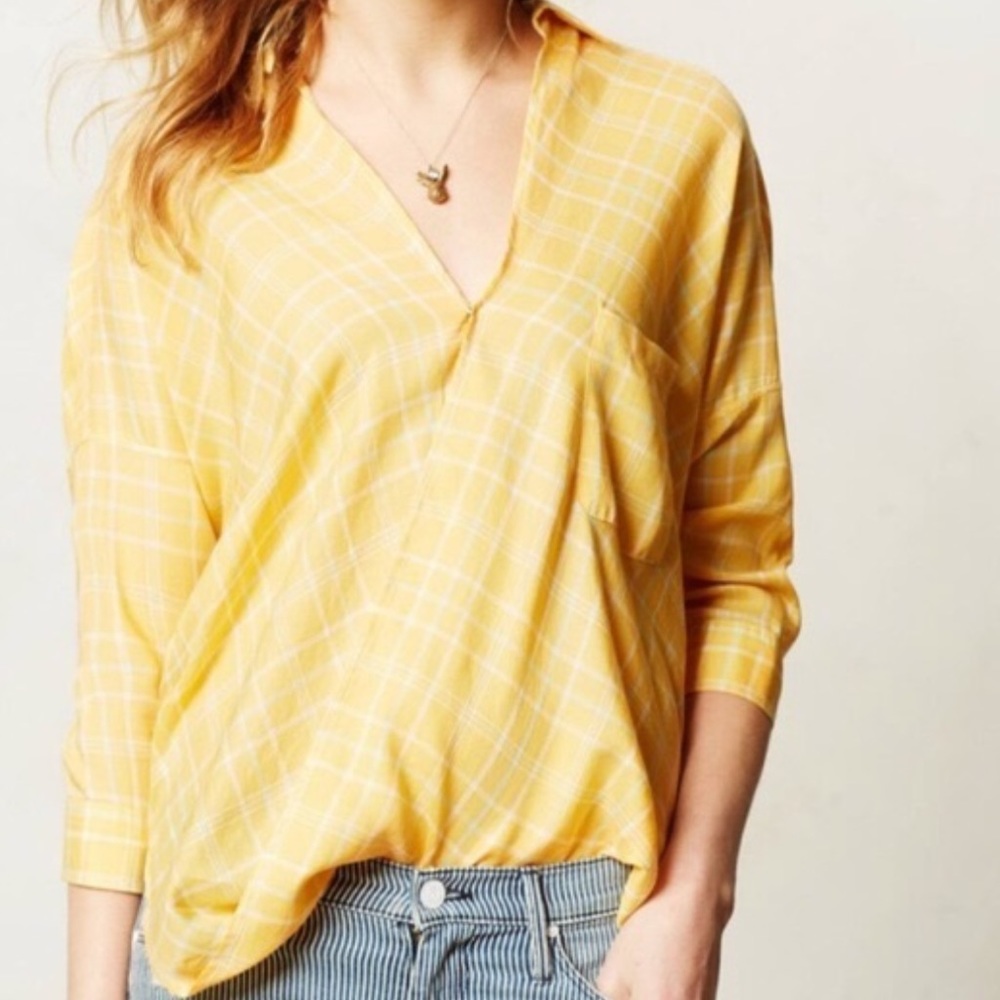Anthro Holding Horses Yellow Plaid Wrap Front Top sz 6